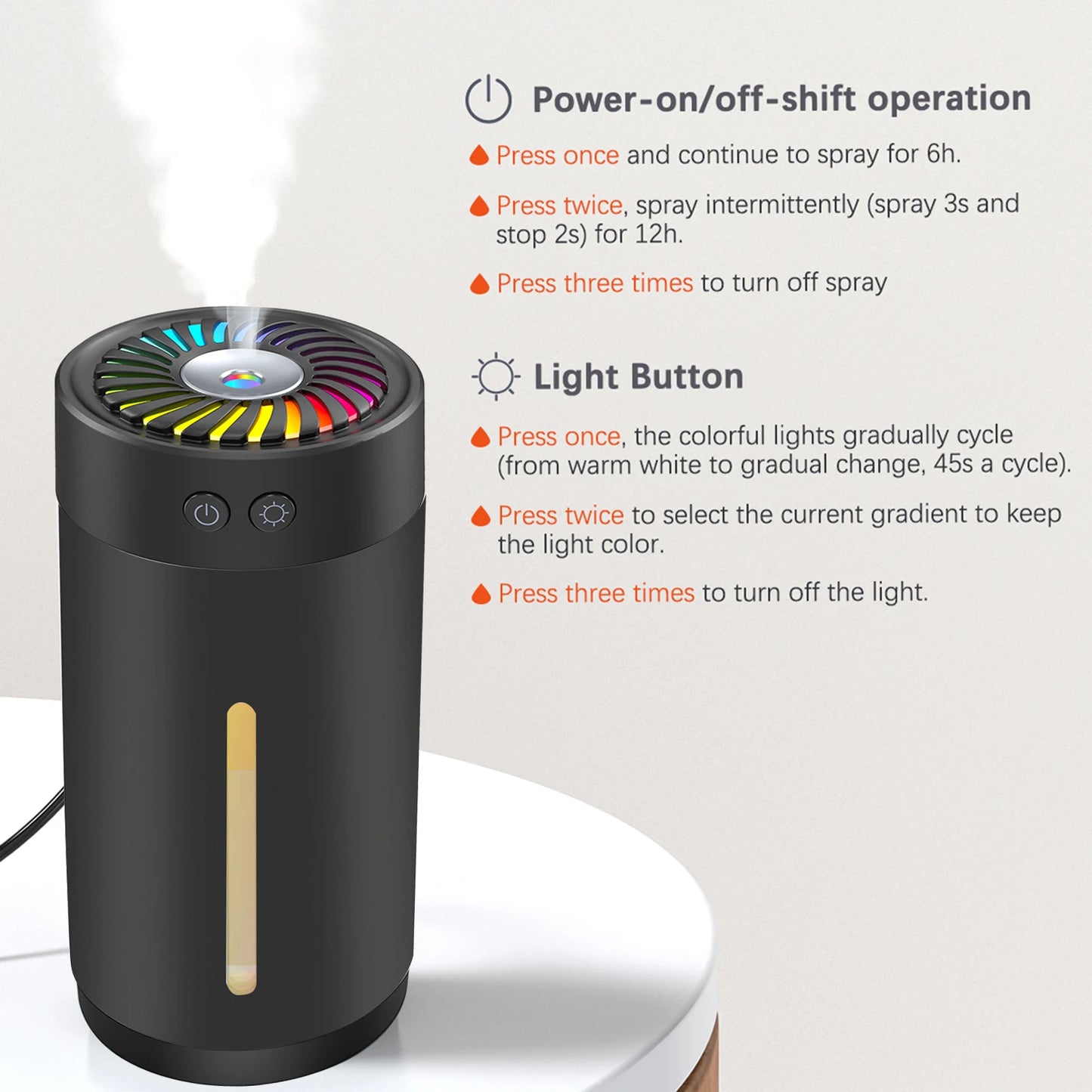 Mini Ultrasonic Humidifier USB with 7 Colors LED Light Dual Mist Modes